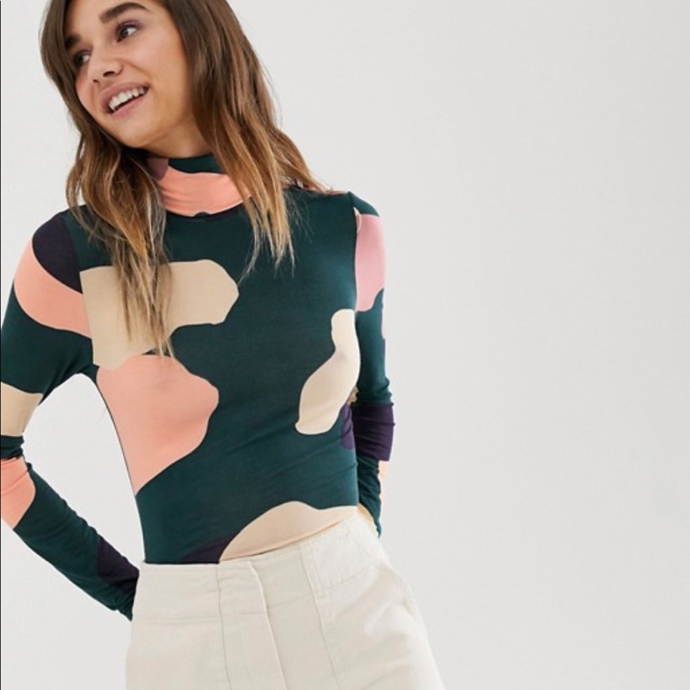 Monki camo print jersey roll neck top in green